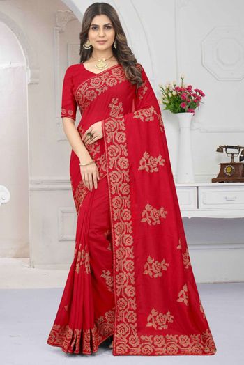 Vichitra Silk Embroidery Sarees In Red Colour SR05644074