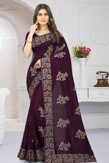 Vichitra Silk Embroidery Sarees In Wine Colour SR05644076