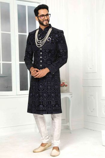 Buy KISAH Men's Cotton Blend Full Sleeves Regular Fit Solid Blue Kurta Indo  Western Sherwani Dhoti Pant Set (S) at Amazon.in