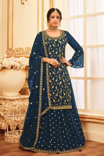 Function Look Grey Color Net Fabric Elegant Sharara Top Lehenga