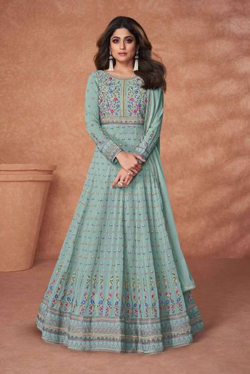 Georgette Embroidery Anarkali Suit In Green Colour - SM5416446