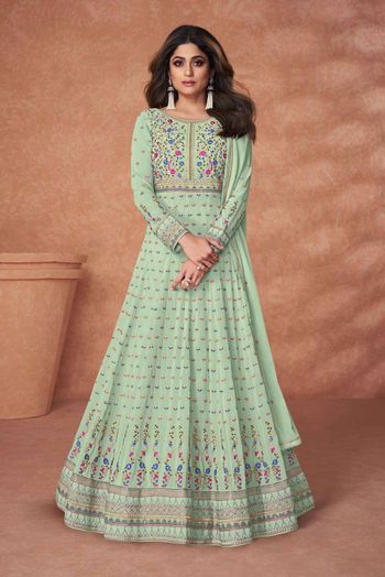 Georgette Embroidery Palazzo Pant Suit In Pista Green Colour - SM5416448