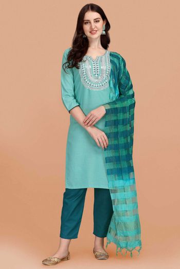 Stitched Cotton Slub Embroidery Pant Style Suit In Green Colour - SS5416490