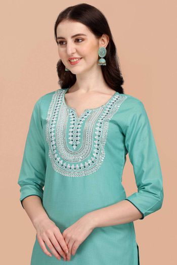 Stitched Cotton Slub Embroidery Pant Style Suit In Green Colour - SS5416490