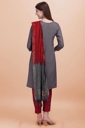Stitched Cotton Slub Embroidery Pant Style Suit In Grey Colour - SS5416484