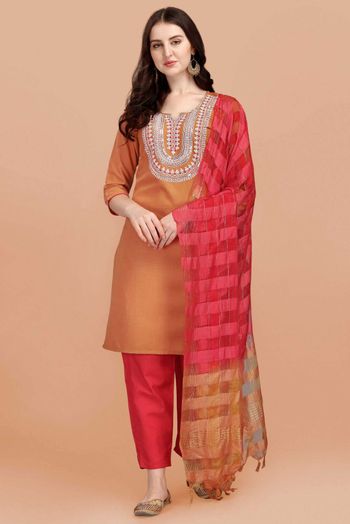 Stitched Cotton Slub Embroidery Pant Style Suit In Mustard Colour - SS5416488