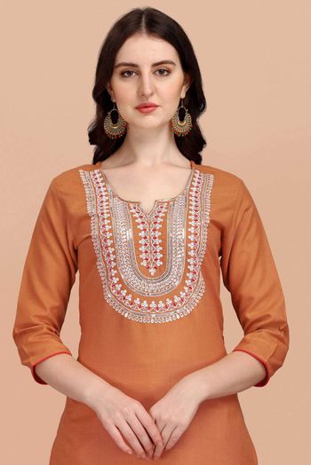 Stitched Cotton Slub Embroidery Pant Style Suit In Mustard Colour - SS5416488