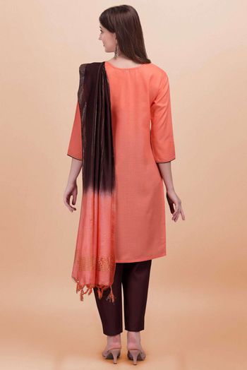 Stitched Cotton Slub Embroidery Pant Style Suit In Peach Colour - SS5416485