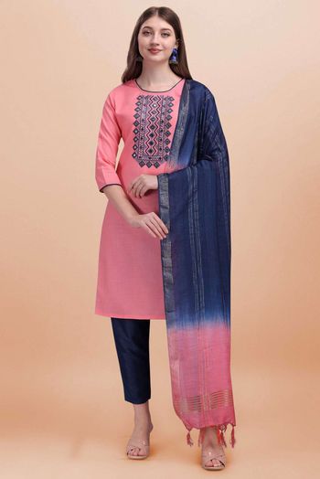 Stitched Cotton Slub Embroidery Pant Style Suit In Pink Colour - SS5416486