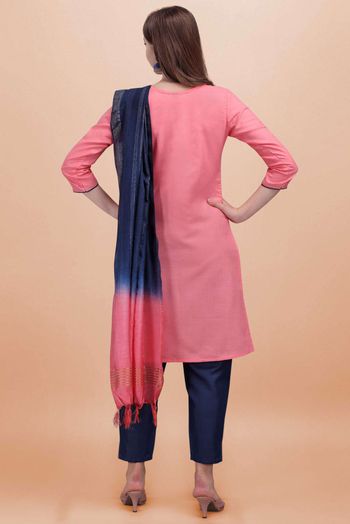 Stitched Cotton Slub Embroidery Pant Style Suit In Pink Colour - SS5416486