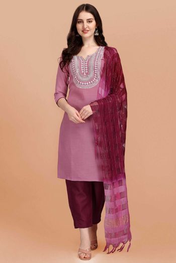 Stitched Cotton Slub Embroidery Pant Style Suit In Pink Colour - SS5416489