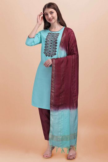 Stitched Cotton Slub Embroidery Pant Style Suit In Sea Blue Colour - SS5416487