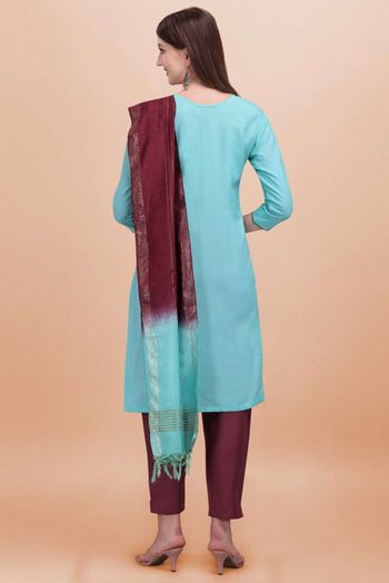 Stitched Cotton Slub Embroidery Pant Style Suit In Sea Blue Colour - SS5416487