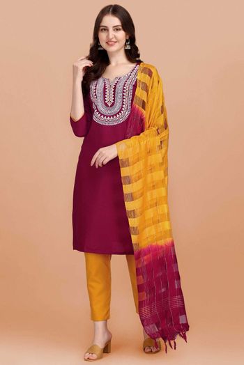 Stitched Cotton Slub Embroidery Pant Style Suit In Wine Colour - SS5416491