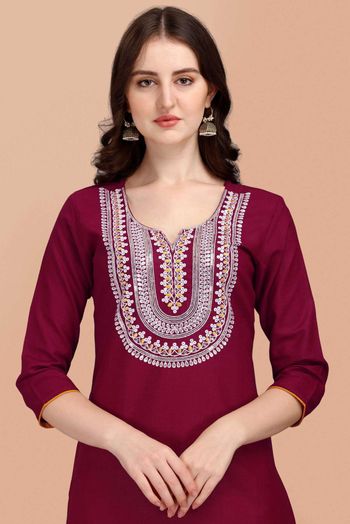 Stitched Cotton Slub Embroidery Pant Style Suit In Wine Colour - SS5416491