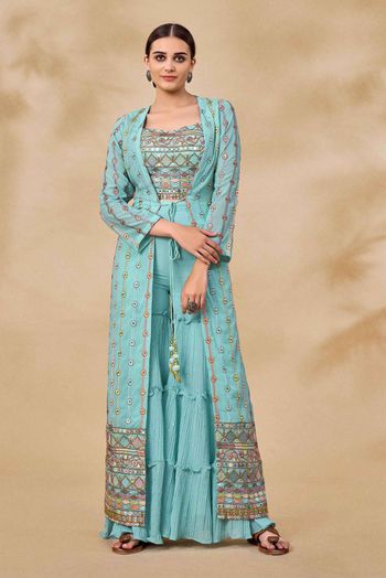 Stitched Georgette Embroidery Palazzo Pant Suit In Sky Blue Colour - SS5416443