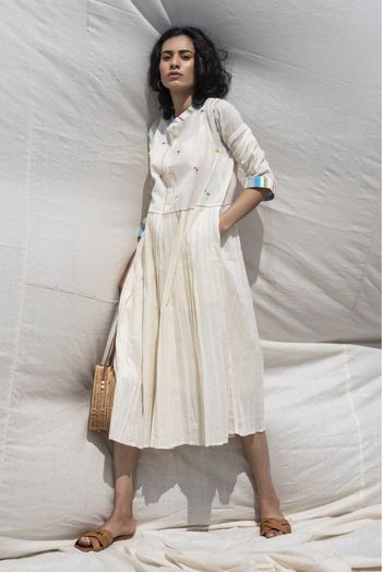 Dhaari Ivory Cotton Silk Parchment Dress With Hand Embroidery