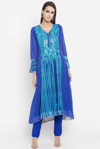 Plus Size Faux Georgette Embroidery Kurti In Blue Colour - KR2710398