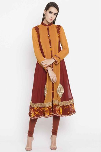 Plus Size Faux Georgette Embroidery Kurti In Mustard Colour - KR2710404