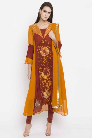 Plus Size Stitched Faux Georgette Embroidery Churidar Suit In Mustard Colour -  SS2710419