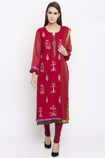 Plus Size Stitched Faux Georgette Embroidery Churidar Suit In Red Colour -  SS2710416