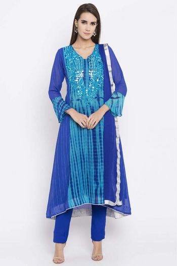 Plus Size Stitched Faux Georgette Embroidery Pant Style Suit In Blue Colour SS2710415