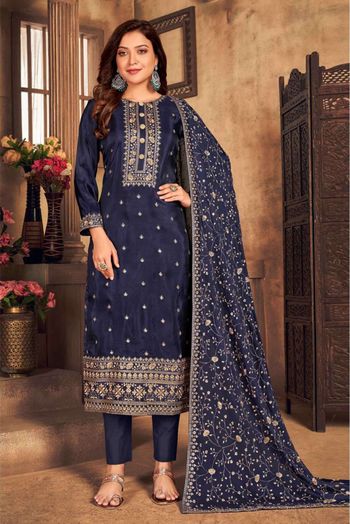 Viscose Uppada Embroidery Pant Style Suit In Blue Colour - SM1640850