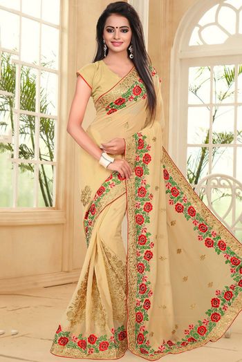 Enthusiastic Double Blouse Concept Embroidery Work Beige Color Saree