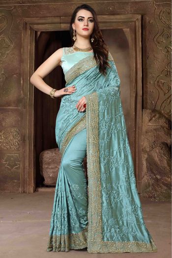 Sky Blue Woven Linen Silk Saree with Contrast Border & Pallu – Ethnos