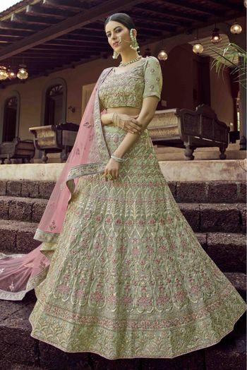 Georgette Resham Work Lehenga Choli In Green Colour