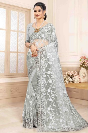 Printed Linen Saree in Light Grey : SEW11596