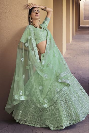 Soft Net Sequins Work Lehenga Choli In Green Colour - LD4900396