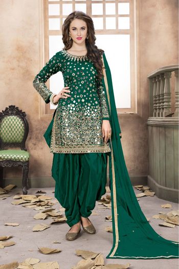 Taffeta Silk Patiala Suit In Green Colour