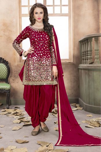 Taffeta Silk Patiala Suit In Magenta Colour