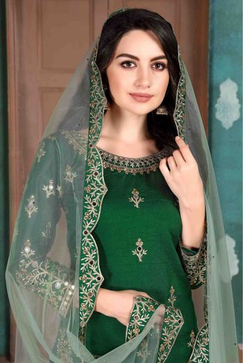 Art Silk Patiala Suit In Green Colour