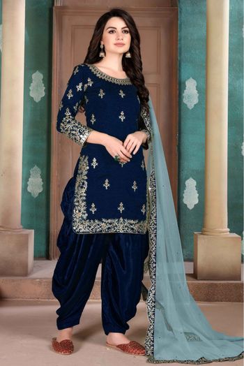 Art Silk Patiala Suit In Navy Blue Colour