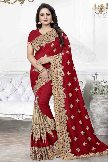 Cherry Silk Designer Saree In Red Colour