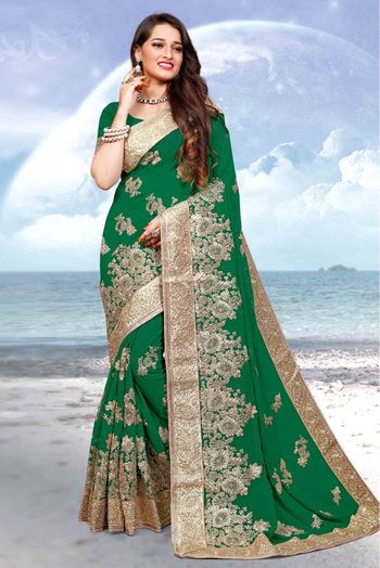 Jade Green Ajrakh Brasso Designer Saree – TrendOye