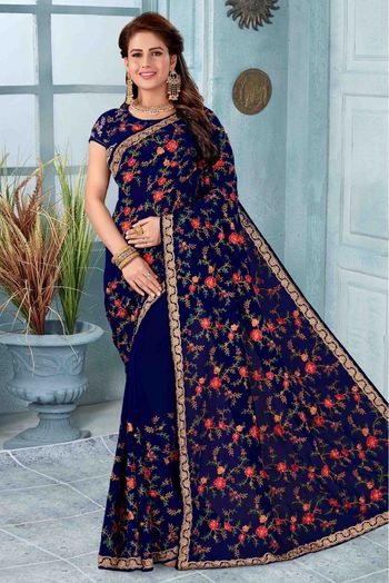 Georgette Designer Saree In Navy Blue Colour - SR1541700