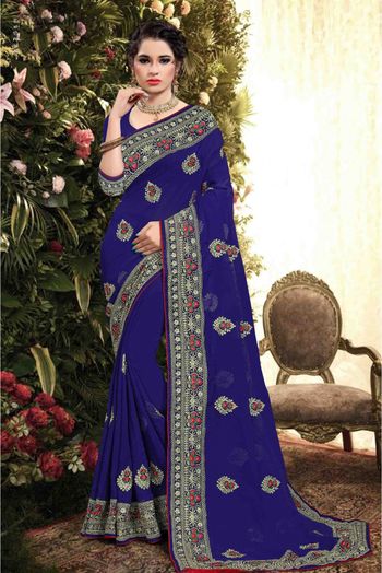 Georgette Embroidery Saree In Blue Colour - SR1542006