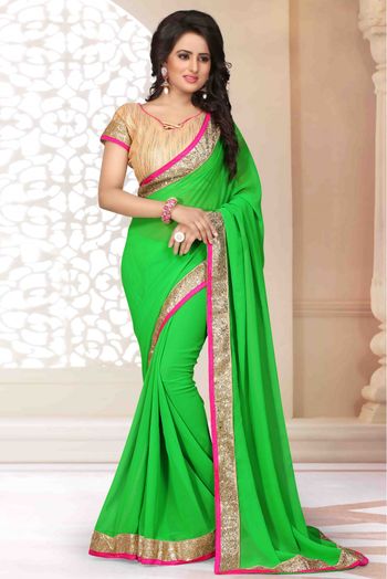 Georgette Lace Work Saree In Green Colour - SR1541976