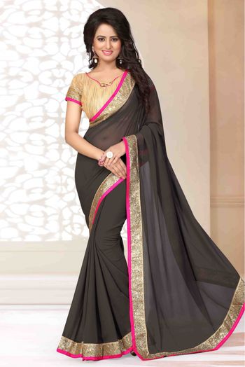 Georgette Lace Work Saree In Grey Colour