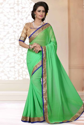 Georgette Lace Work Saree In Pista Green Colour