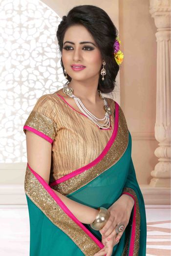 Georgette Lace Work Saree In Rama Green Colour