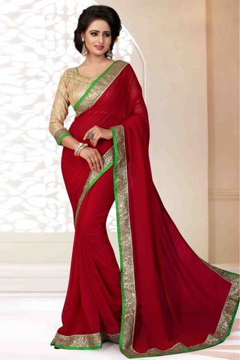Georgette Lace Work Saree In Red Colour