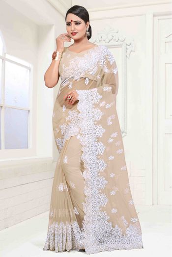 Net Designer Saree In Beige Colour - SR4690106