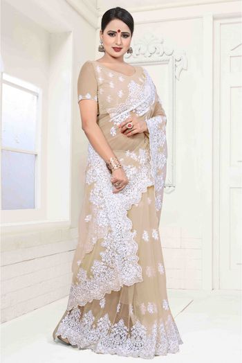 Net Designer Saree In Beige Colour - SR4690106