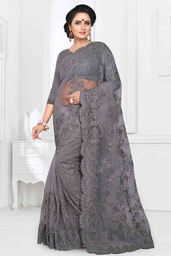 Buy Grey Sequins Net Saree With Blouse Online At Zeel Clothing