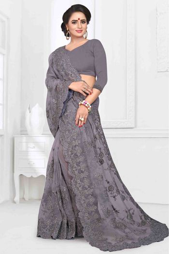 Net Designer Saree In Grey Colour - SR4690062