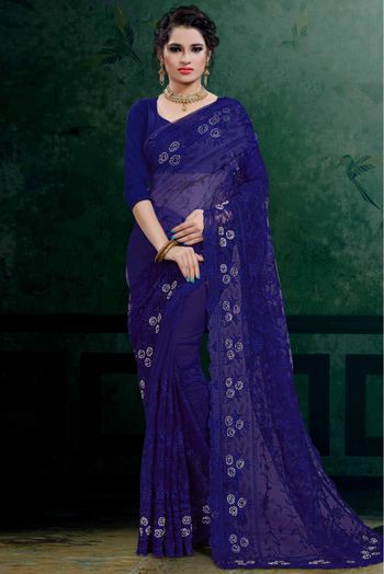Net Embroidery Saree In Blue Colour - SR4690241